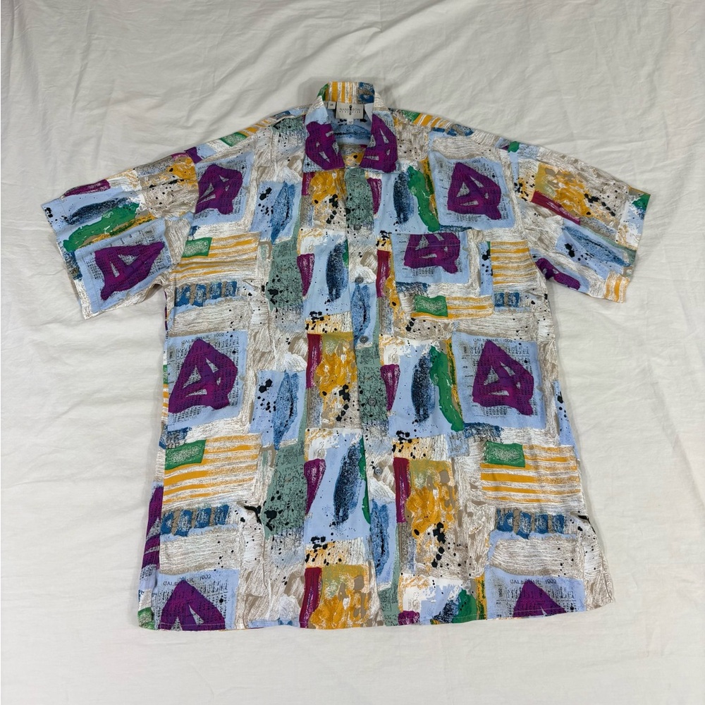 Nani Bon Mens Multicolor Abstract Short Sleeve Button Up Rayón Shirt 38